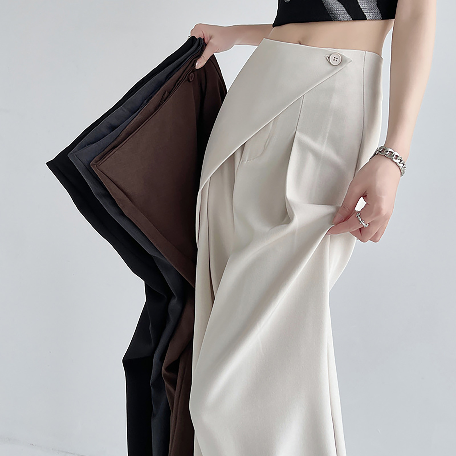 thumbnail image 4 of Pantalones casuales de pierna ancha para mujer - Pantalones de traje rectos de cintura alta - Material de poliéster - Para el trabajo, los negocios, el día a día - Cintura elástica en la parte trasera, 4 of 4